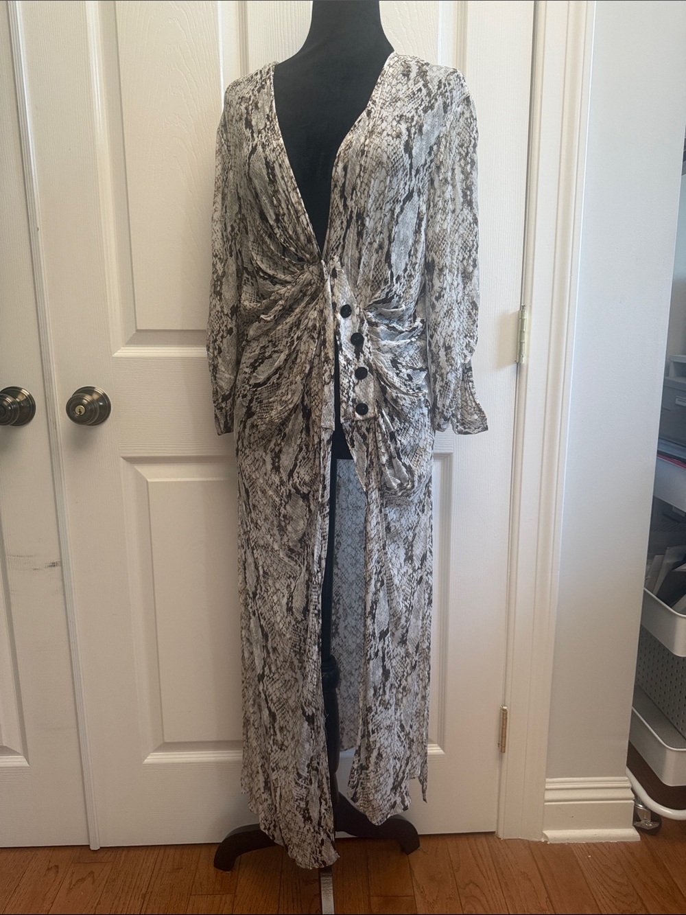Zara Black and White Snake Print Long Dress with Buttons